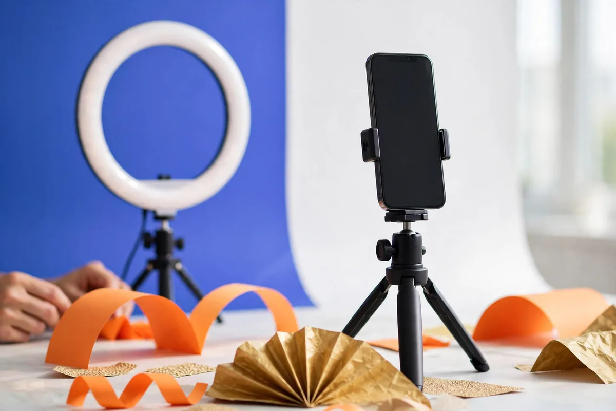 A phone on a tripod in a studio