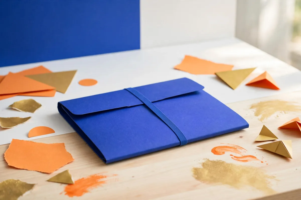 A blue folder on a desk